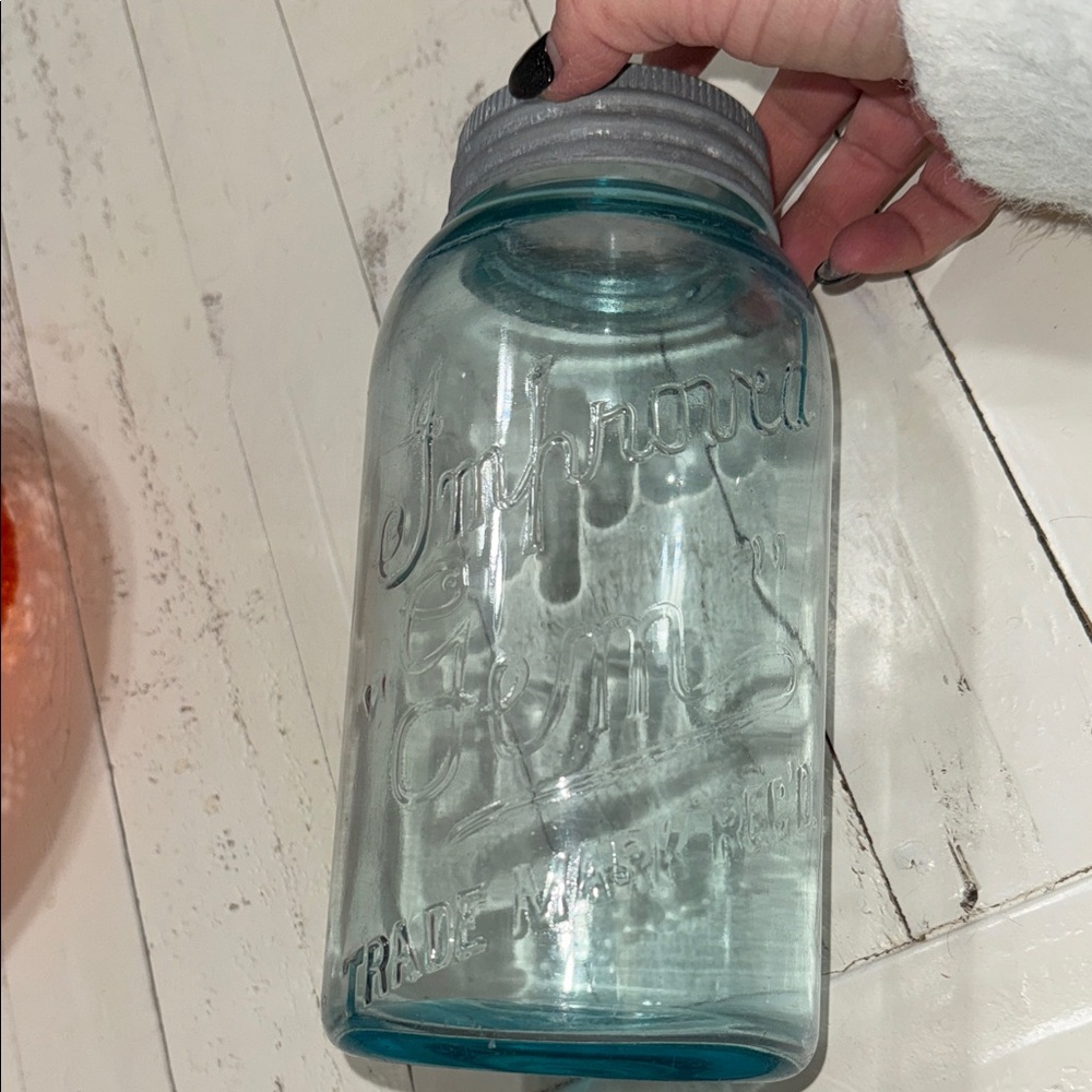 Vintage Improved Gem Canning Jar: Aqua Quart, Pre-1940s Glass Lid & Zinc Ring